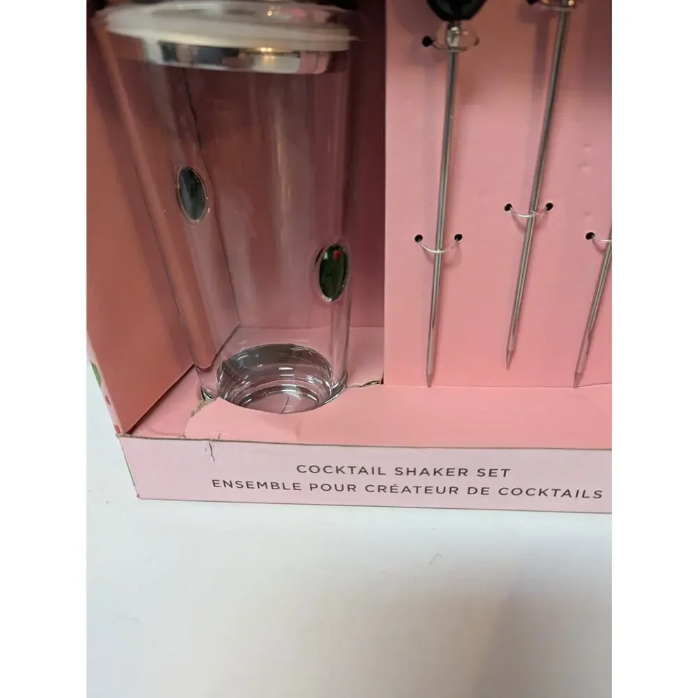 Frankie Grey glass cocktail shaker w/ three cocktail metal picks olive theme NIB